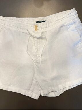 Ralph Lauren White Linen High-Waist Drawstring Shorts with Button Detail